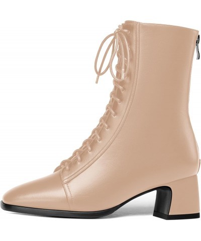 Womens Zip Lace-up Square Toe Soild Travel Matte Dating Chunky Low Heel Ankle High Boots 2 Inch Beige $44.70 Boots