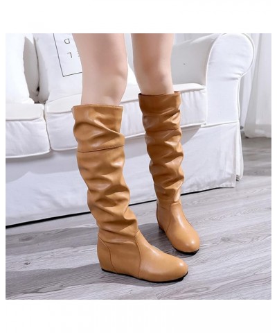 Retro Women Solid Color Non Slip Low Heeled Slip On Mid Calf Boots Round Toe Shoes Knee Boots for Women Wide Calf Yellow $26....