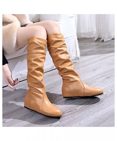 Retro Women Solid Color Non Slip Low Heeled Slip On Mid Calf Boots Round Toe Shoes Knee Boots for Women Wide Calf Yellow $26....