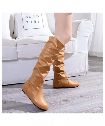 Retro Women Solid Color Non Slip Low Heeled Slip On Mid Calf Boots Round Toe Shoes Knee Boots for Women Wide Calf Yellow $26....