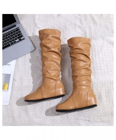 Retro Women Solid Color Non Slip Low Heeled Slip On Mid Calf Boots Round Toe Shoes Knee Boots for Women Wide Calf Yellow $26....