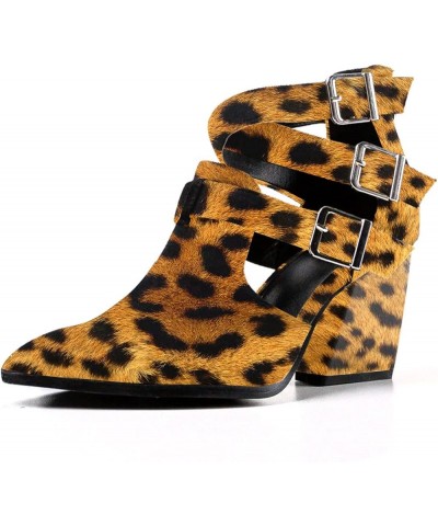 Women Almond Toe Heeled Pumps Chunky Mid Heel Ankle Booties Cutout Strappy Buckle Shoes Size 4-15 US Leopard $38.10 Boots