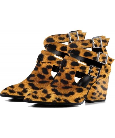 Women Almond Toe Heeled Pumps Chunky Mid Heel Ankle Booties Cutout Strappy Buckle Shoes Size 4-15 US Leopard $38.10 Boots