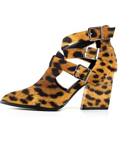 Women Almond Toe Heeled Pumps Chunky Mid Heel Ankle Booties Cutout Strappy Buckle Shoes Size 4-15 US Leopard $38.10 Boots