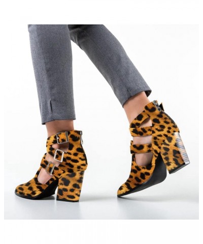 Women Almond Toe Heeled Pumps Chunky Mid Heel Ankle Booties Cutout Strappy Buckle Shoes Size 4-15 US Leopard $38.10 Boots