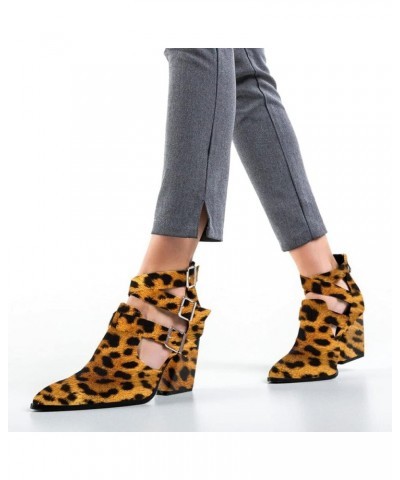 Women Almond Toe Heeled Pumps Chunky Mid Heel Ankle Booties Cutout Strappy Buckle Shoes Size 4-15 US Leopard $38.10 Boots