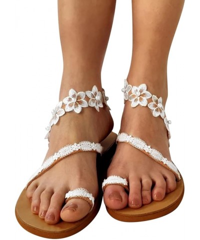 Sandals Women Dressy Summer Lace Floral Flat Pearl Sandals Ladies Casual Round Toe Closed Sandals Elegant Shoes Xl027-white $...