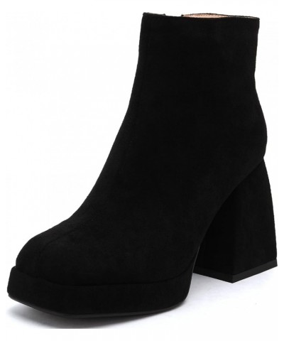 Women Chelsea Zip Square Toe Fashion Chunky Heels Platform Ankle Boots Black-ms Fur Inner $27.53 Boots