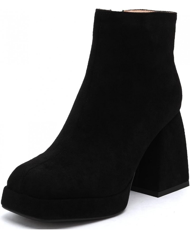 Women Chelsea Zip Square Toe Fashion Chunky Heels Platform Ankle Boots Black-ms Fur Inner $27.53 Boots