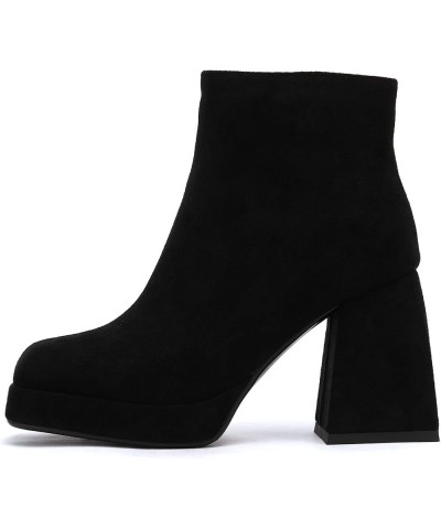 Women Chelsea Zip Square Toe Fashion Chunky Heels Platform Ankle Boots Black-ms Fur Inner $27.53 Boots