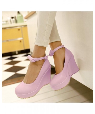 Women Platform Wedge Shoes Ankle Strap Round Toe Wedding Bridal Dress Comfort Thick Bottom High Heel Shoes Purple 35 $32.63 P...