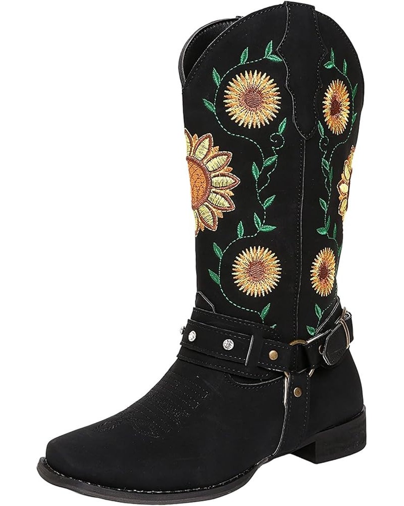 TOWMUS Cowboy Boots for Women Women's Embroidery Slouch Mid Calf Boot Slip on Round Toe Biker Boots Western Cowgirl Booties A...