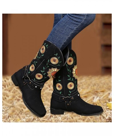 TOWMUS Cowboy Boots for Women Women's Embroidery Slouch Mid Calf Boot Slip on Round Toe Biker Boots Western Cowgirl Booties A...