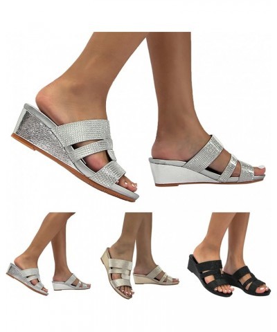 Women's Non Slip Slippers Summer Women Slippers Wedge Heel Middle Heel Slip On Open Toe Shiny Upper Casual Style (Silver, 8.5...