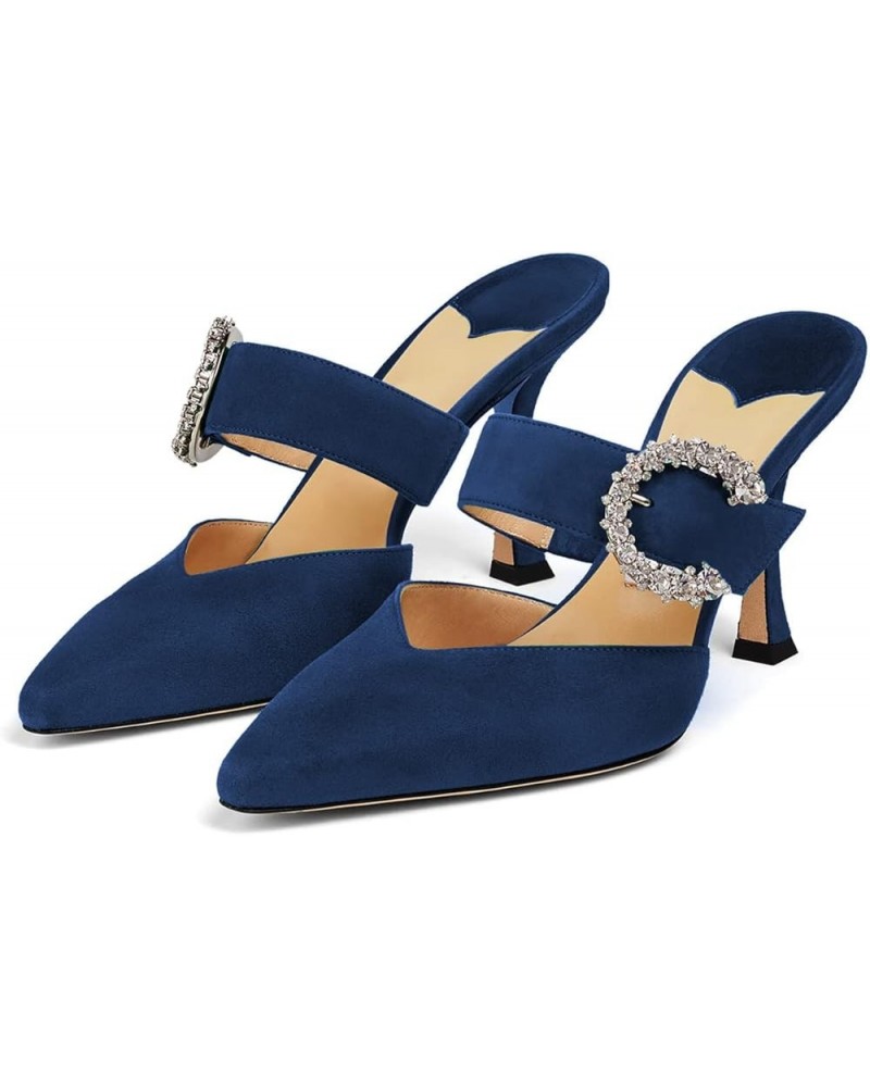 Women Heeled Mules Rhinestone Buckle Pointed Toe Mules Suede Stiletto Heel High Heels Slip On Bridal Sandals for Women Navy B...