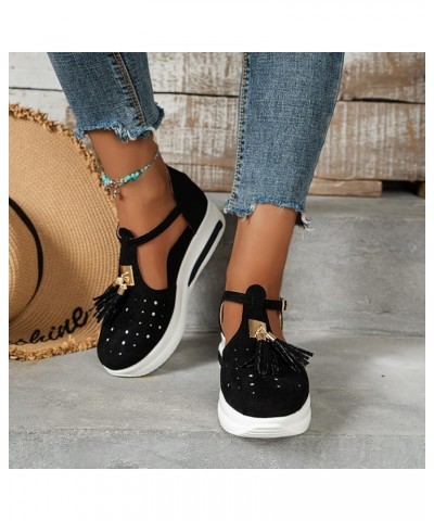 Ladies Fashion Summer Solid Color Hollow OutSuede Tassel Decorative Buckle Thick Sole Sandals Size 8 Sandals Black $10.47 San...