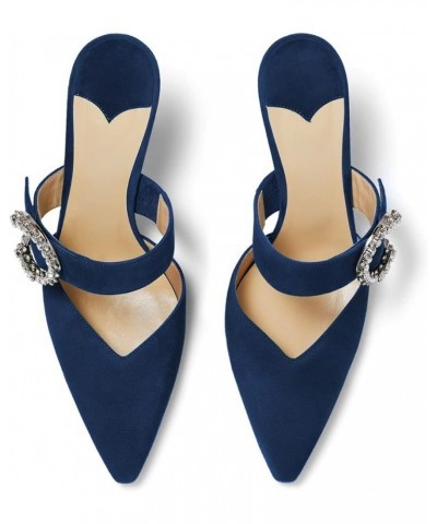 Women Heeled Mules Rhinestone Buckle Pointed Toe Mules Suede Stiletto Heel High Heels Slip On Bridal Sandals for Women Navy B...