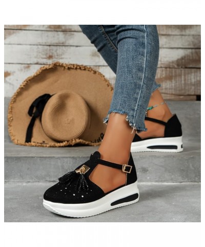 Ladies Fashion Summer Solid Color Hollow OutSuede Tassel Decorative Buckle Thick Sole Sandals Size 8 Sandals Black $10.47 San...