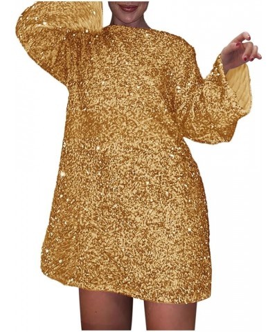 Women's Autumn and Winter New Round Neck Long Sleeved Loose Oversized Sexy Sequin Short Dress Gold- Dresses for Women 2024 Pa...