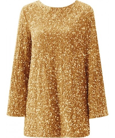 Women's Autumn and Winter New Round Neck Long Sleeved Loose Oversized Sexy Sequin Short Dress Gold- Dresses for Women 2024 Pa...