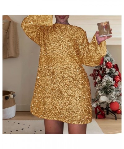 Women's Autumn and Winter New Round Neck Long Sleeved Loose Oversized Sexy Sequin Short Dress Gold- Dresses for Women 2024 Pa...