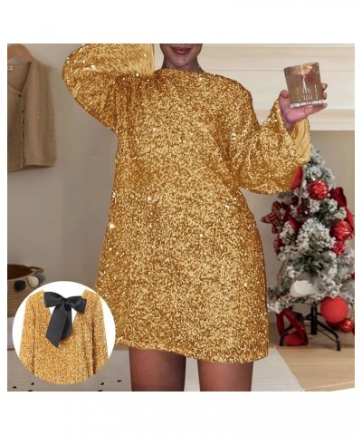 Women's Autumn and Winter New Round Neck Long Sleeved Loose Oversized Sexy Sequin Short Dress Gold- Dresses for Women 2024 Pa...