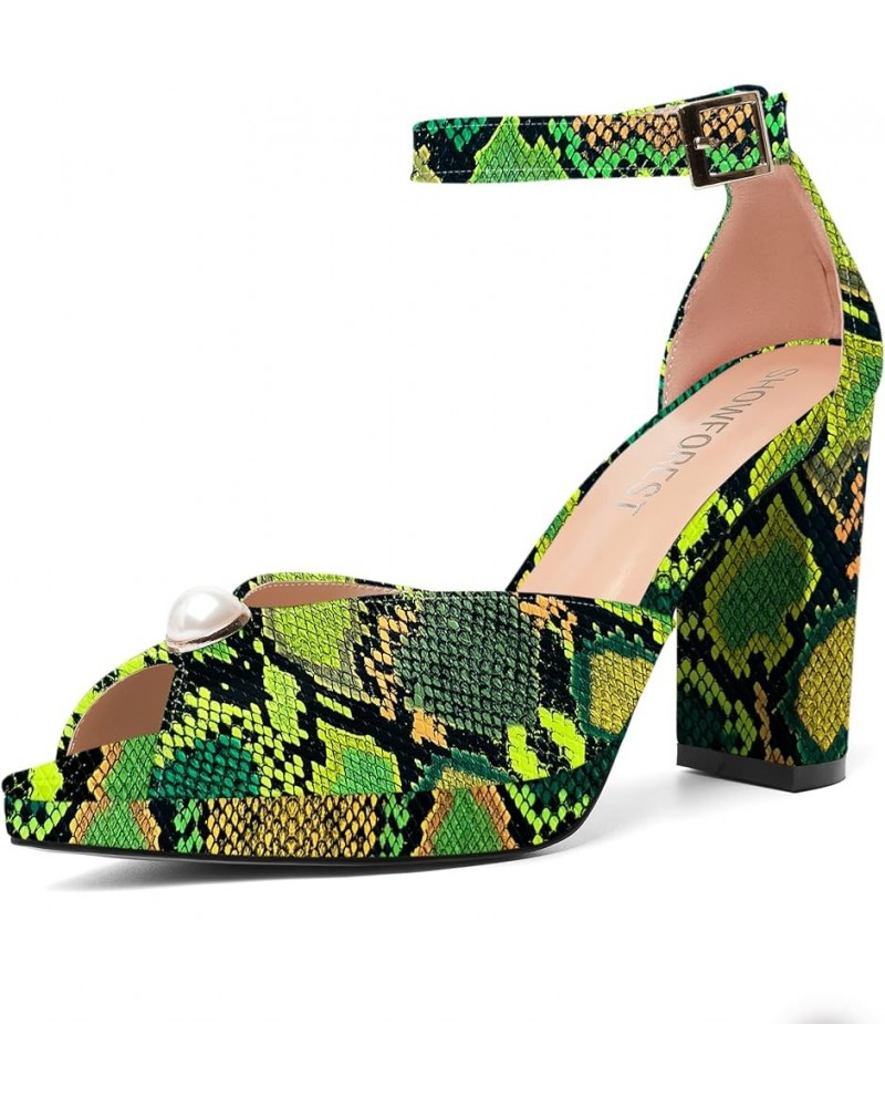 Womens Dating Peep Toe Platform Dress Patent Buckle Adjustable Strap Block High Heel Pumps Shoes 4 Inch Green Yellow Snake $4...