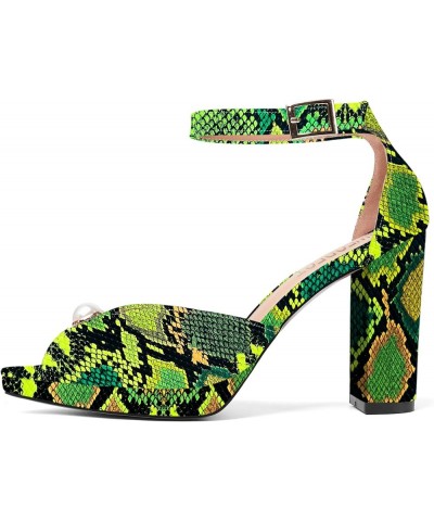 Womens Dating Peep Toe Platform Dress Patent Buckle Adjustable Strap Block High Heel Pumps Shoes 4 Inch Green Yellow Snake $4...