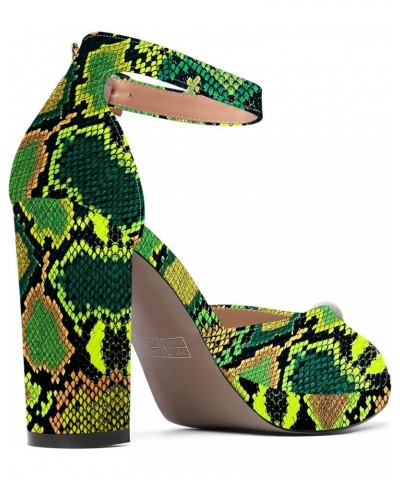 Womens Dating Peep Toe Platform Dress Patent Buckle Adjustable Strap Block High Heel Pumps Shoes 4 Inch Green Yellow Snake $4...