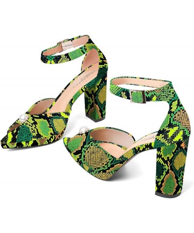 Womens Dating Peep Toe Platform Dress Patent Buckle Adjustable Strap Block High Heel Pumps Shoes 4 Inch Green Yellow Snake $4...