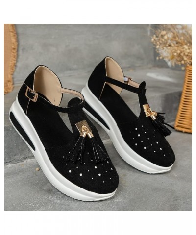 Ladies Fashion Summer Solid Color Hollow OutSuede Tassel Decorative Buckle Thick Sole Sandals Size 8 Sandals Black $10.47 San...