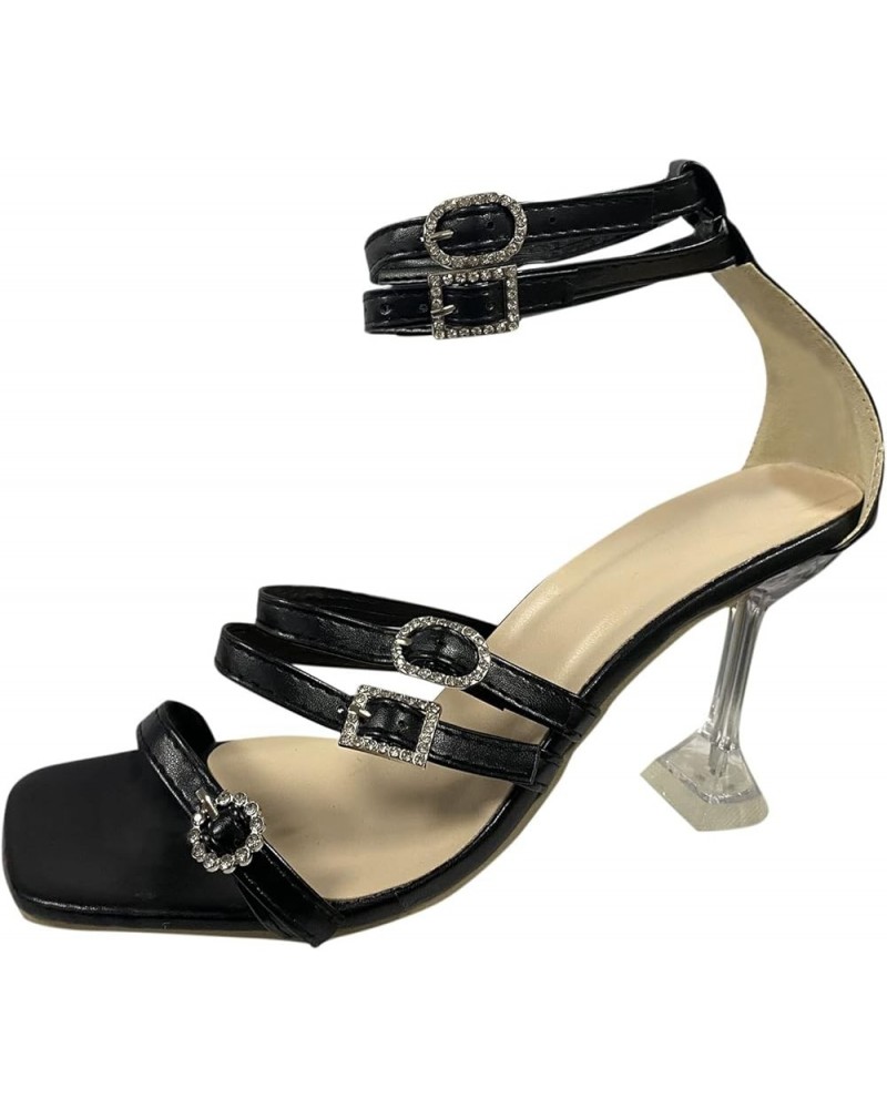 Women High Heel Sandals Surface Buckle Heel Ladies Leather Solid Sandals High Fashion Fashion Strap Heel Black $21.57 Sandals