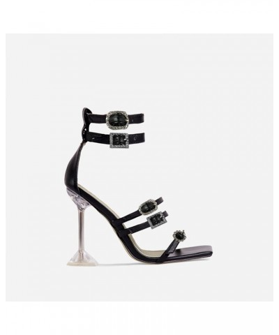 Women High Heel Sandals Surface Buckle Heel Ladies Leather Solid Sandals High Fashion Fashion Strap Heel Black $21.57 Sandals