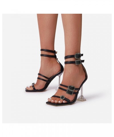 Women High Heel Sandals Surface Buckle Heel Ladies Leather Solid Sandals High Fashion Fashion Strap Heel Black $21.57 Sandals