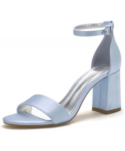 Women Satin Block Heels Wedding Sandals Open Toe Ankle Strap Evening Party Bride Bridesmaid Shoes Light Blue $34.31 Sandals