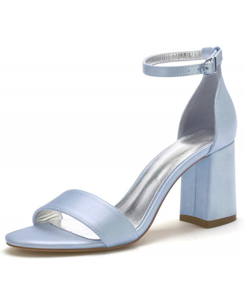 Women Satin Block Heels Wedding Sandals Open Toe Ankle Strap Evening Party Bride Bridesmaid Shoes Light Blue $34.31 Sandals