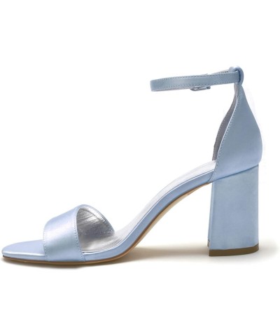 Women Satin Block Heels Wedding Sandals Open Toe Ankle Strap Evening Party Bride Bridesmaid Shoes Light Blue $34.31 Sandals