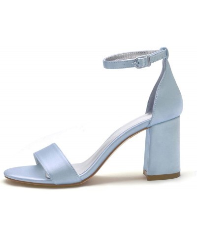 Women Satin Block Heels Wedding Sandals Open Toe Ankle Strap Evening Party Bride Bridesmaid Shoes Light Blue $34.31 Sandals