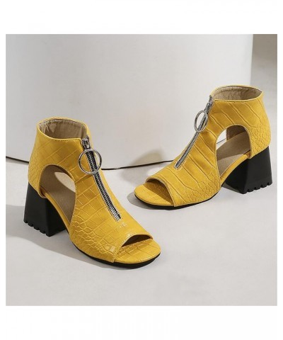 Ladies Fashion Solid Color Leather Hollow Open Toe Thick High Heeled Front Zipper Roman Sandals Women's Water Sandals Yellow ...