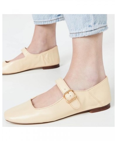 Women Comfy Closed Square Toe Mary Jane Flats Low Heel Single Strap Buckled Outdoor Casual Dress Shoes Cream Yellow $39.10 Flats