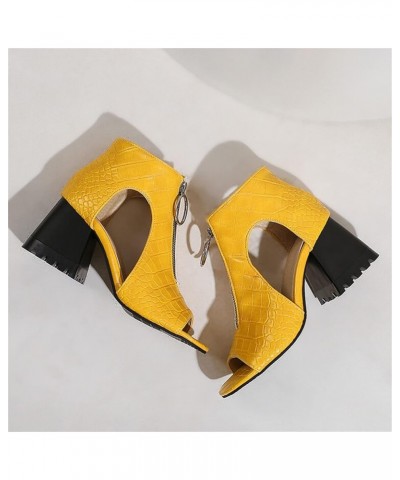 Ladies Fashion Solid Color Leather Hollow Open Toe Thick High Heeled Front Zipper Roman Sandals Women's Water Sandals Yellow ...