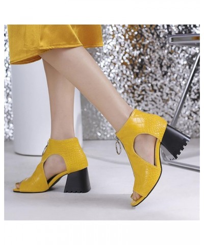 Ladies Fashion Solid Color Leather Hollow Open Toe Thick High Heeled Front Zipper Roman Sandals Women's Water Sandals Yellow ...