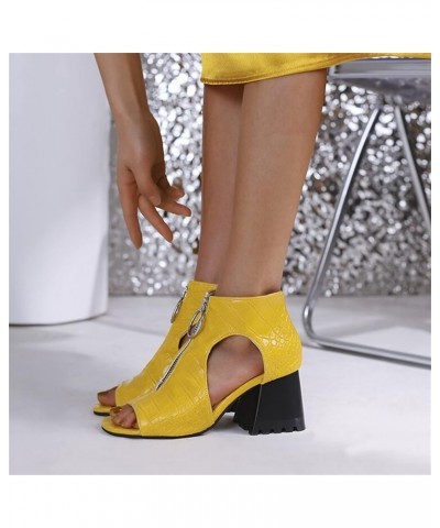 Ladies Fashion Solid Color Leather Hollow Open Toe Thick High Heeled Front Zipper Roman Sandals Women's Water Sandals Yellow ...