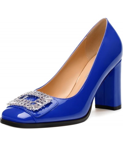 Women's Pumps, Closed Toe Heel Dress Pumps with Fashionable Square Toe and Rhinestone Embellishments for Women Royal Blue Pat...