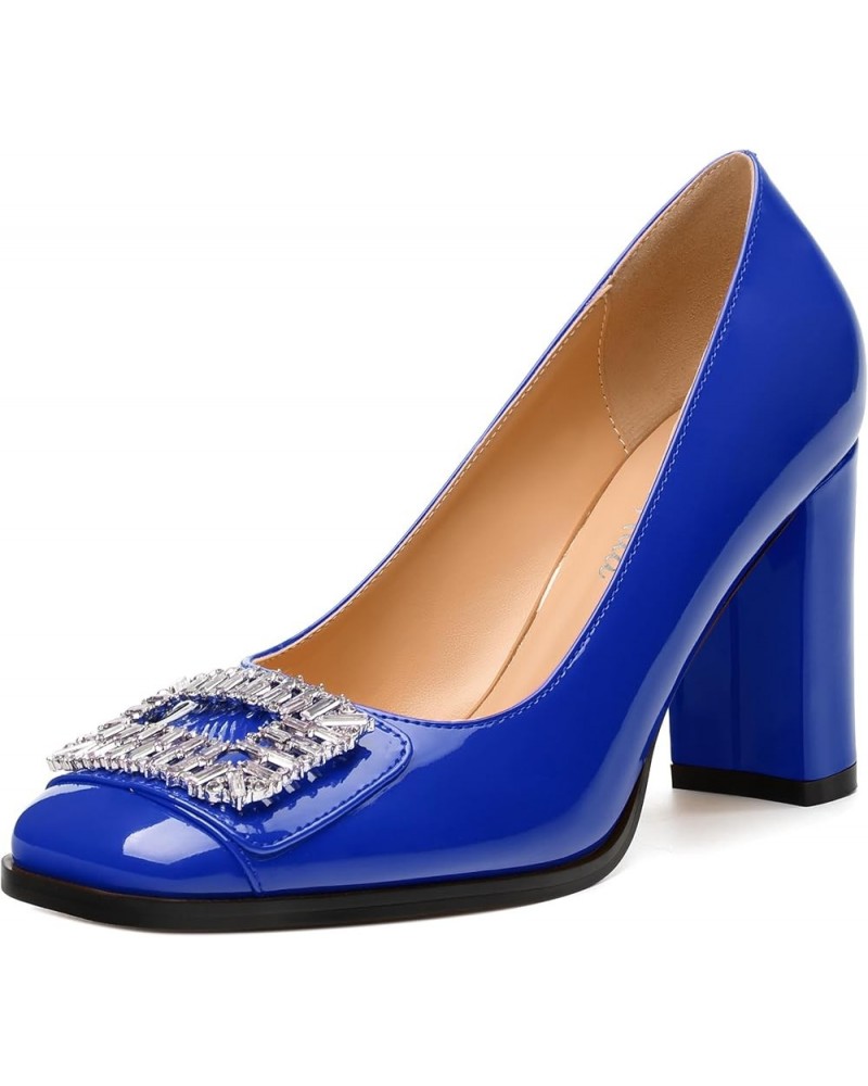 Women's Pumps, Closed Toe Heel Dress Pumps with Fashionable Square Toe and Rhinestone Embellishments for Women Royal Blue Pat...