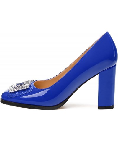 Women's Pumps, Closed Toe Heel Dress Pumps with Fashionable Square Toe and Rhinestone Embellishments for Women Royal Blue Pat...