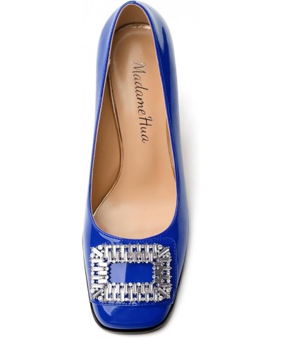 Women's Pumps, Closed Toe Heel Dress Pumps with Fashionable Square Toe and Rhinestone Embellishments for Women Royal Blue Pat...