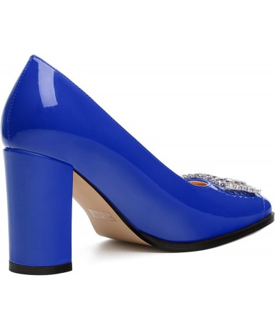 Women's Pumps, Closed Toe Heel Dress Pumps with Fashionable Square Toe and Rhinestone Embellishments for Women Royal Blue Pat...