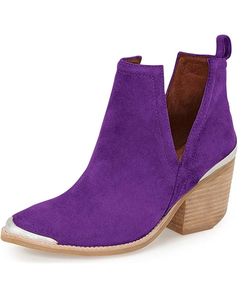 Women's Low Heeled Ankle Boots Faux Suede Cowboy Booties Cutout with Metal Toe Shoes for Formal Outfit Size 4-15 US Purple $3...