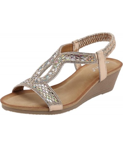 Women Summer Elastic Band Rhinestones Casual Open Toe Wedges Soft Bottom Breathable Sandals for Women Dressy A $16.03 Sandals